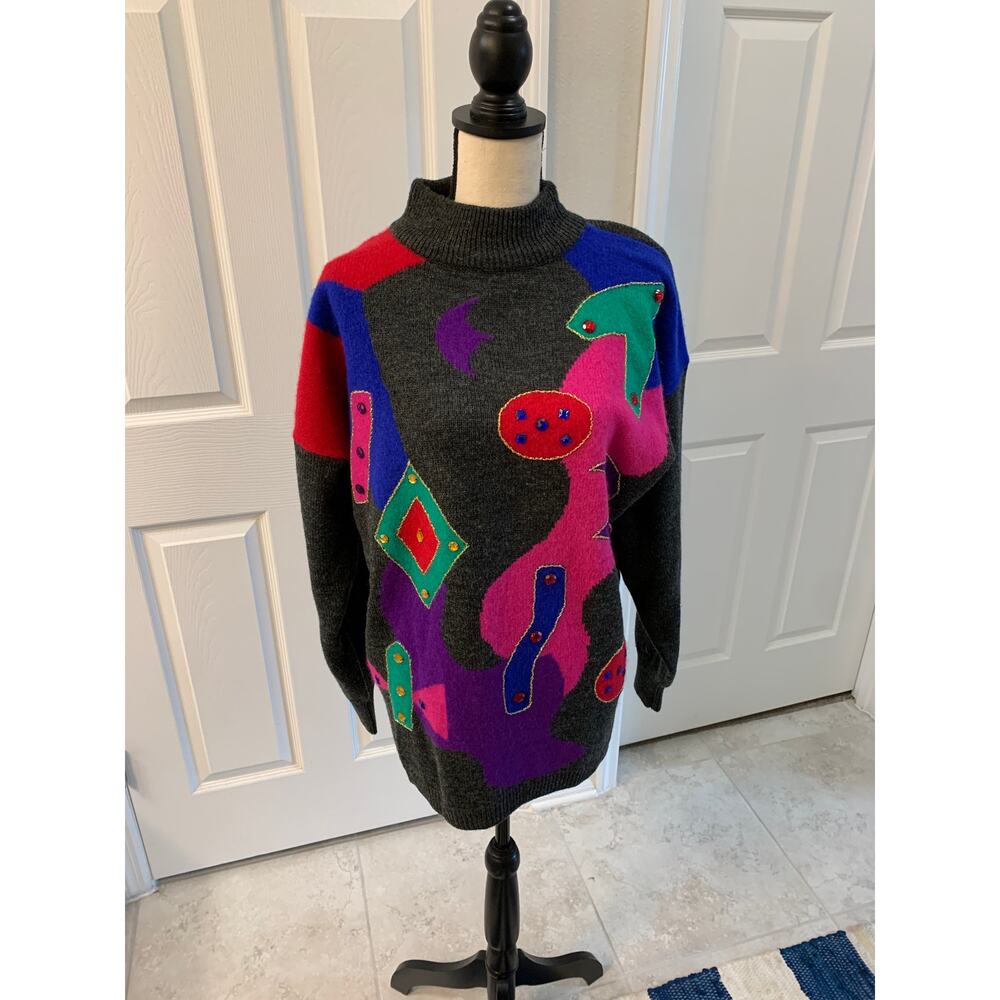 Vintage Cervelle Grey Abstract Angora Blend Mock Turtleneck Sweater XL Colorful - Picture 3 of 6